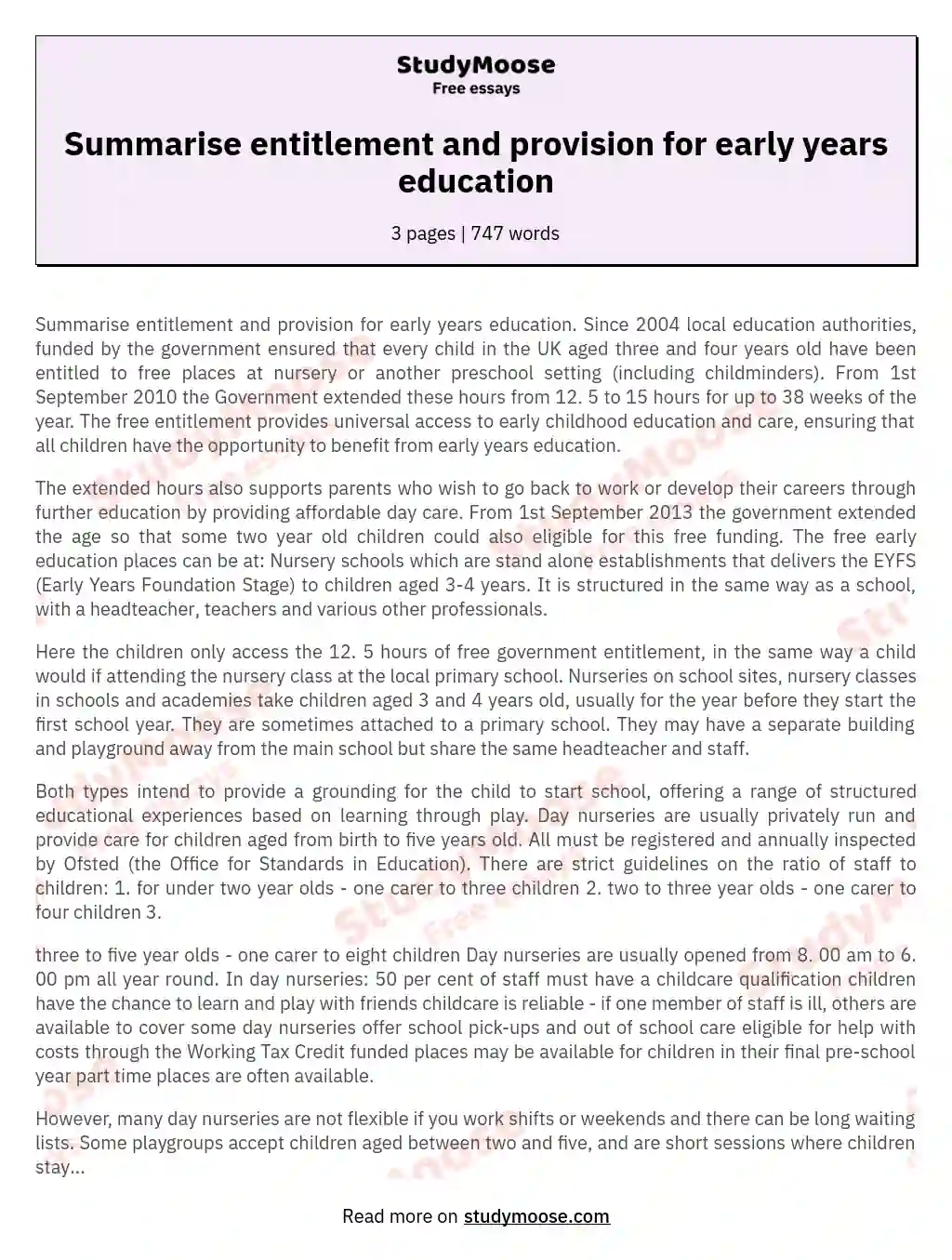 Summarise entitlement and provision for early years education essay