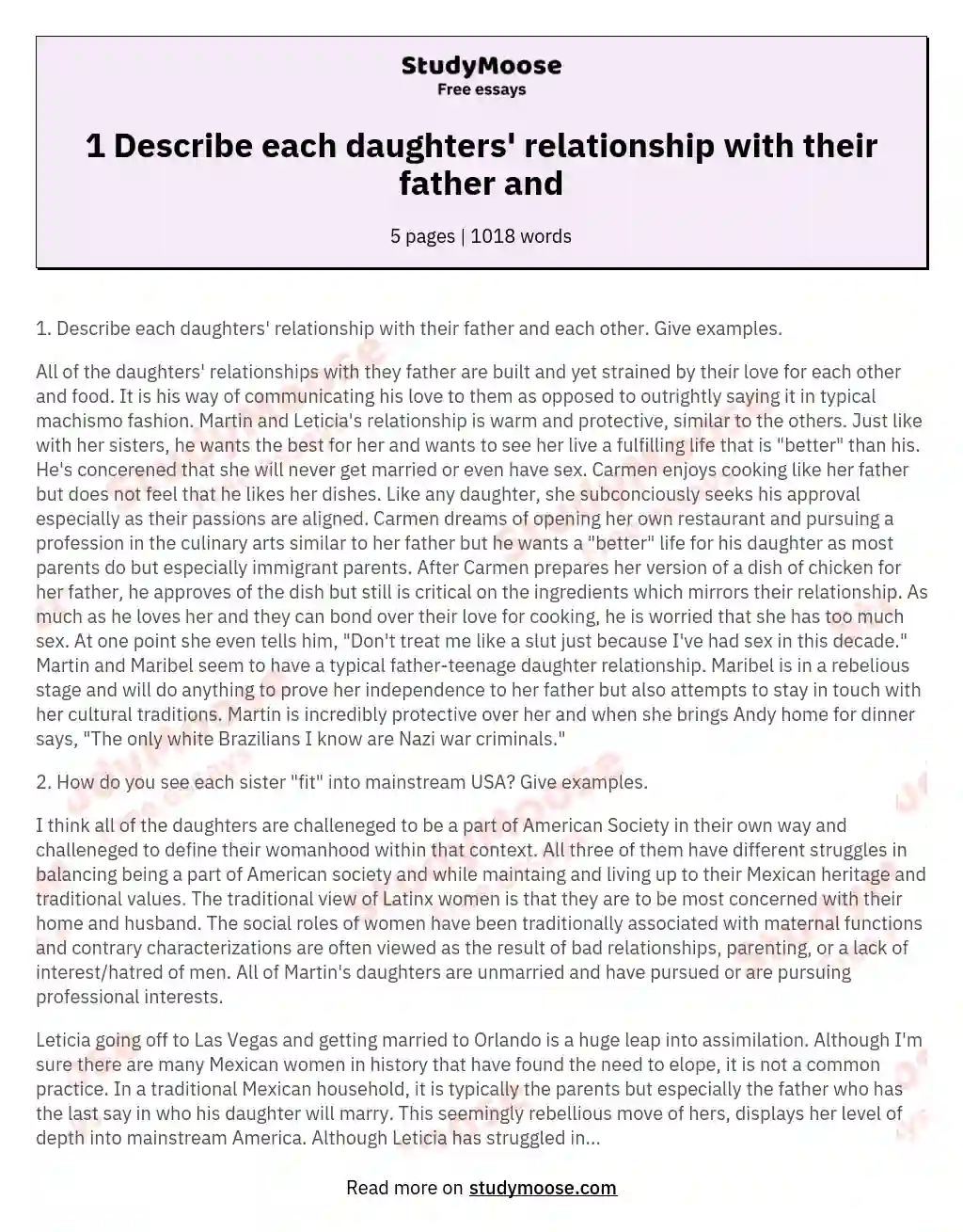 1 Describe each daughters' relationship with their father and essay