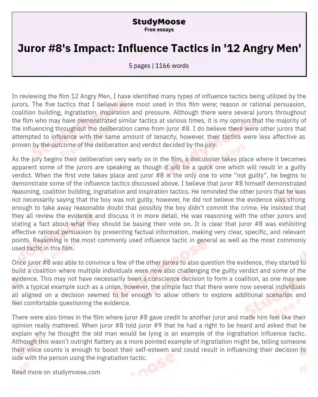 Juror #8's Impact: Influence Tactics in '12 Angry Men' essay