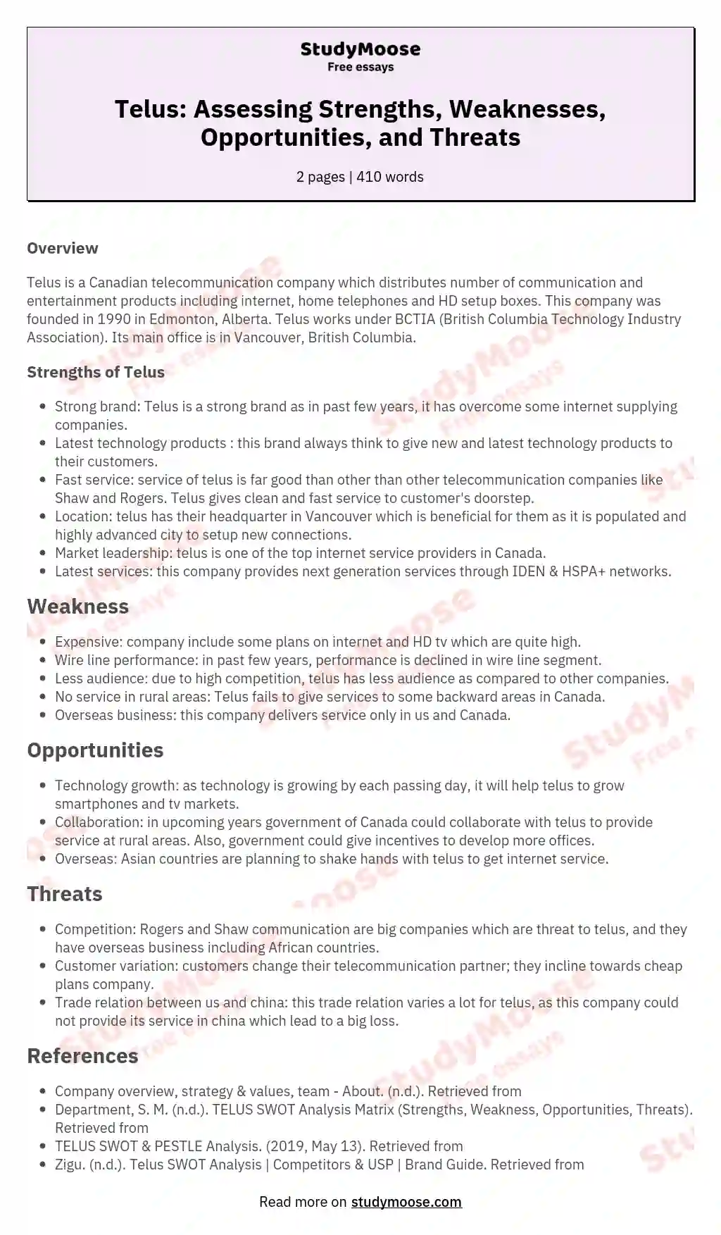 Telus: Assessing Strengths, Weaknesses, Opportunities, and Threats essay