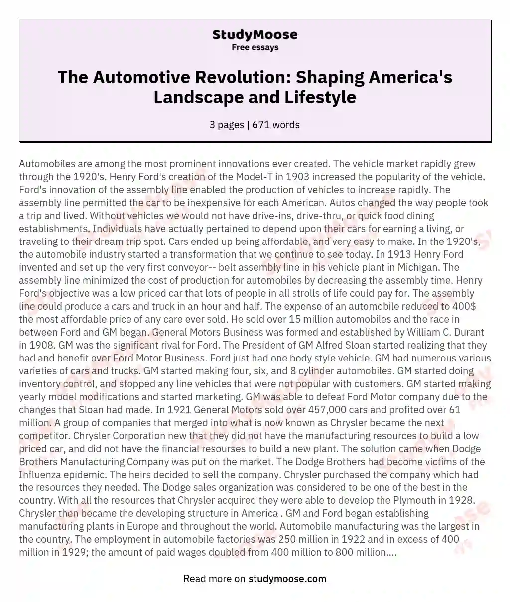 The Automotive Revolution: Shaping America's Landscape and Lifestyle essay