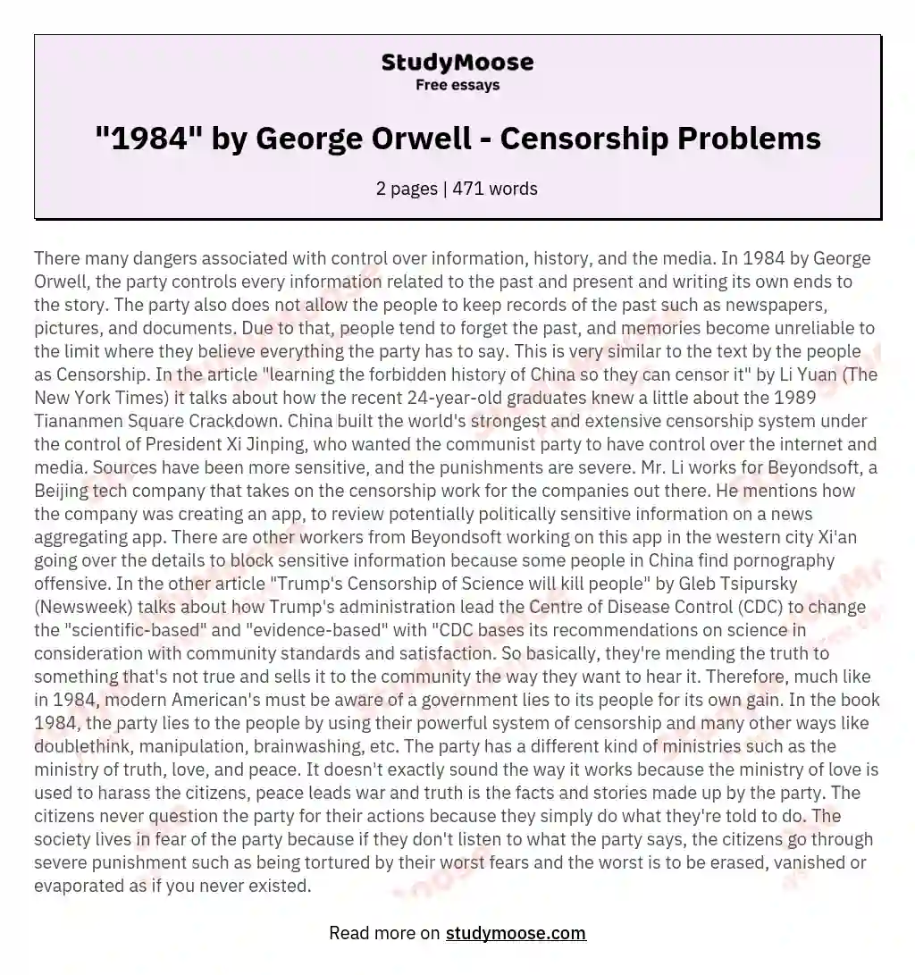 "1984" by George Orwell - Censorship Problems essay