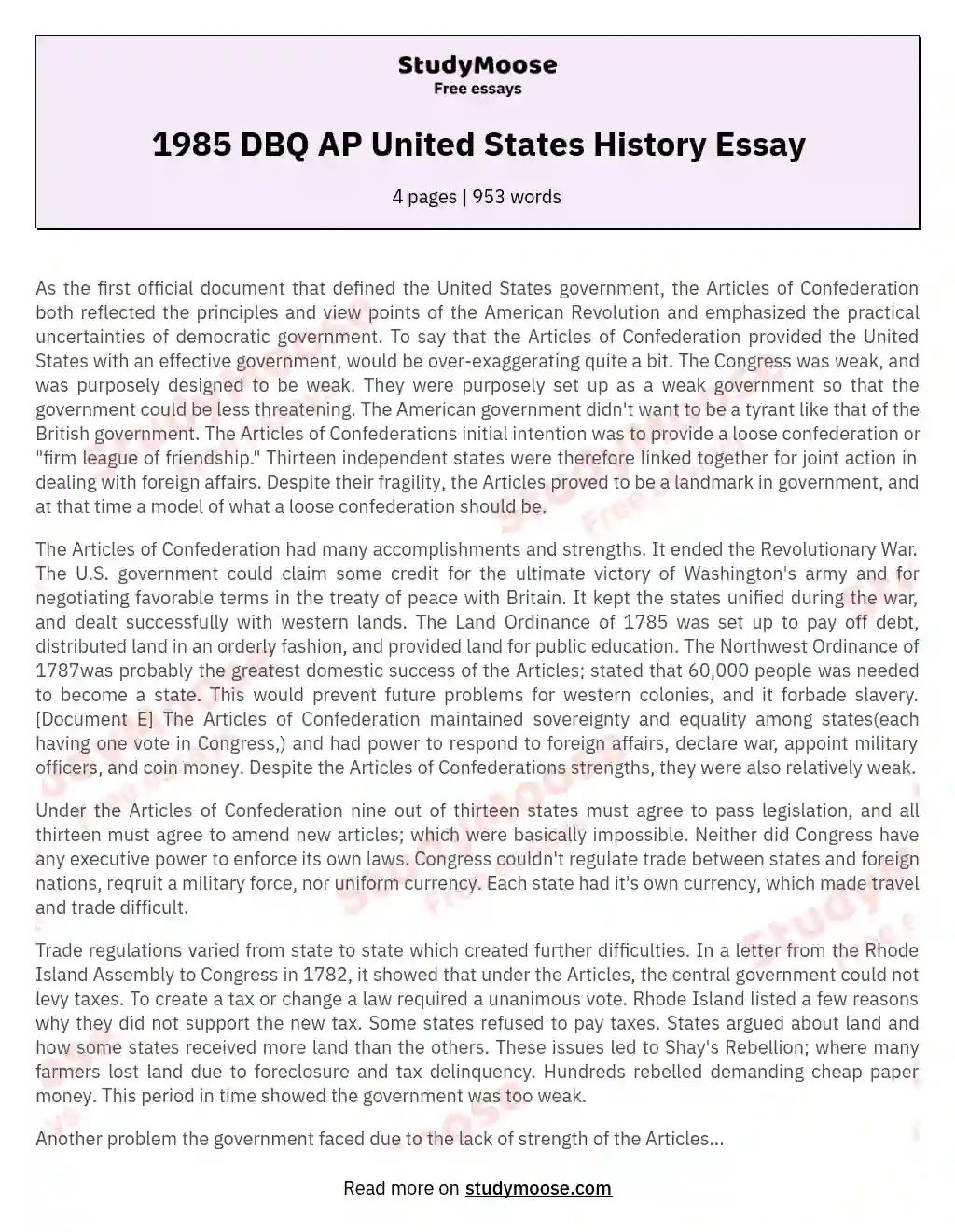 1985 DBQ AP United States History Essay essay