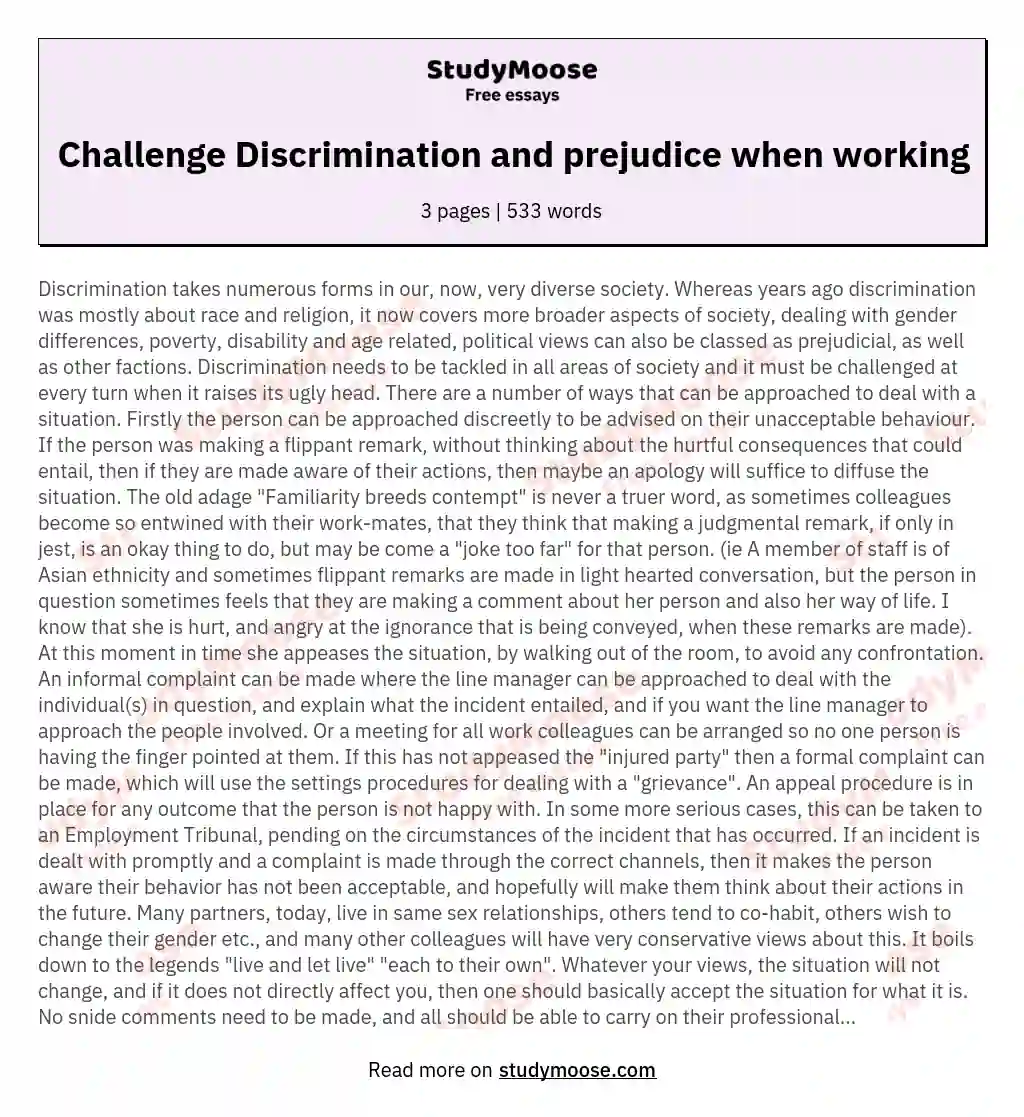 Challenge Discrimination and prejudice when working essay