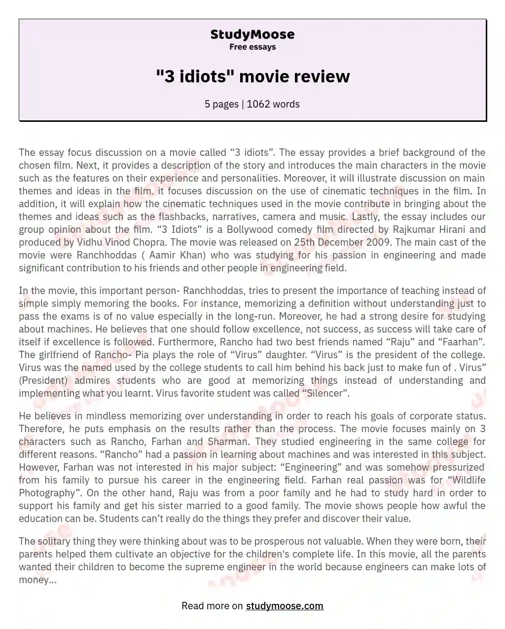 "3 idiots" movie review essay