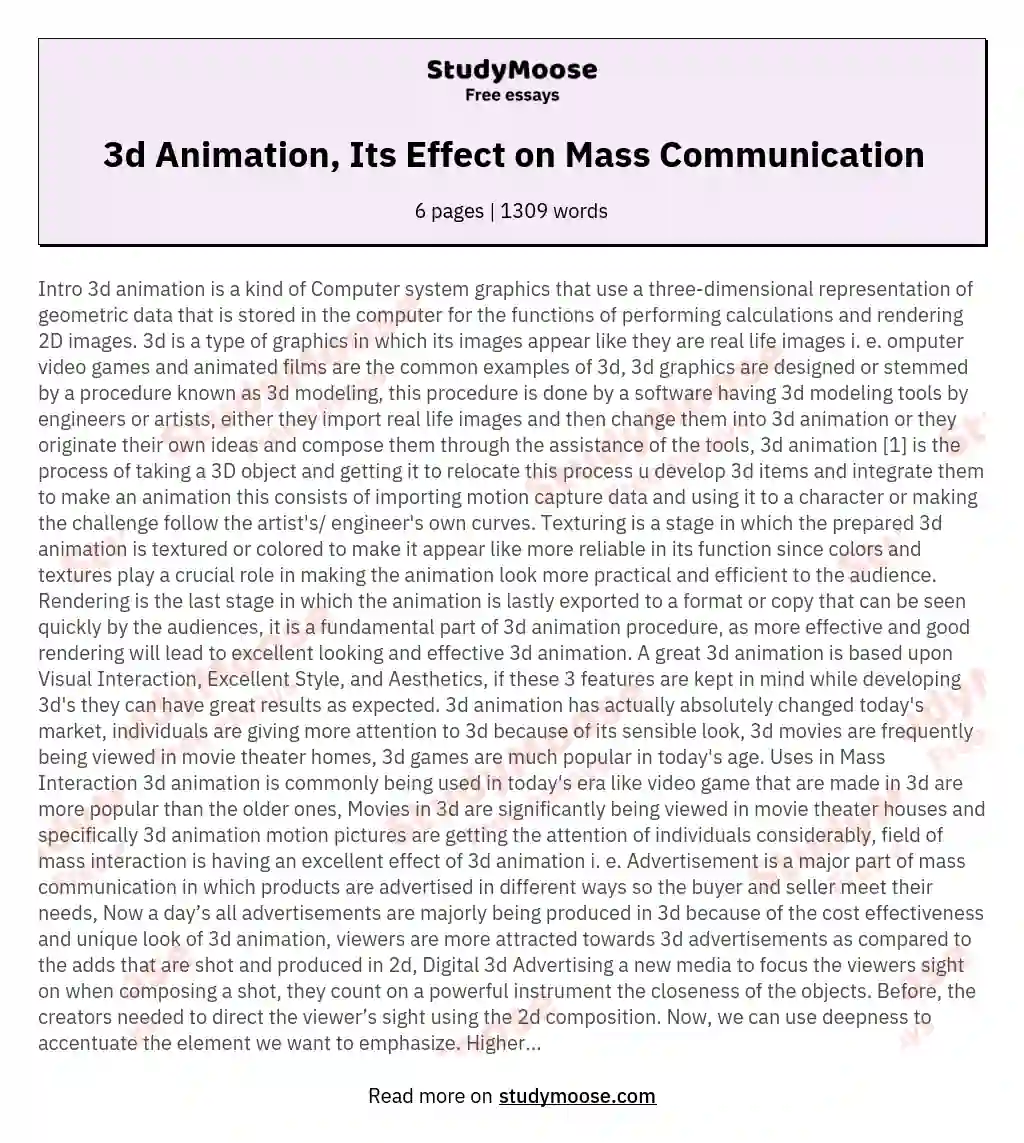 3d Animation, Its Effect on Mass Communication essay