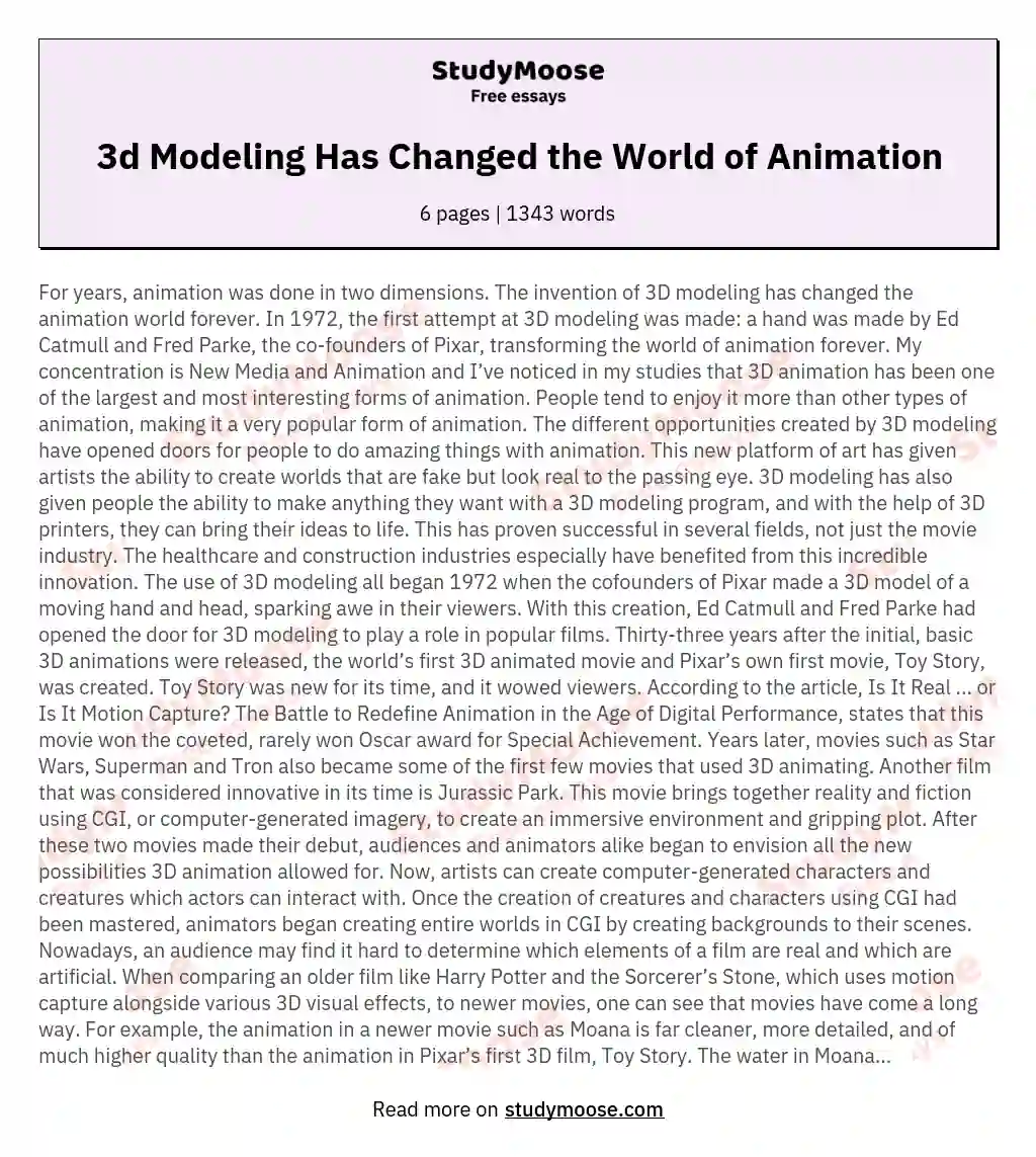3d Modeling Has Changed the World of Animation essay