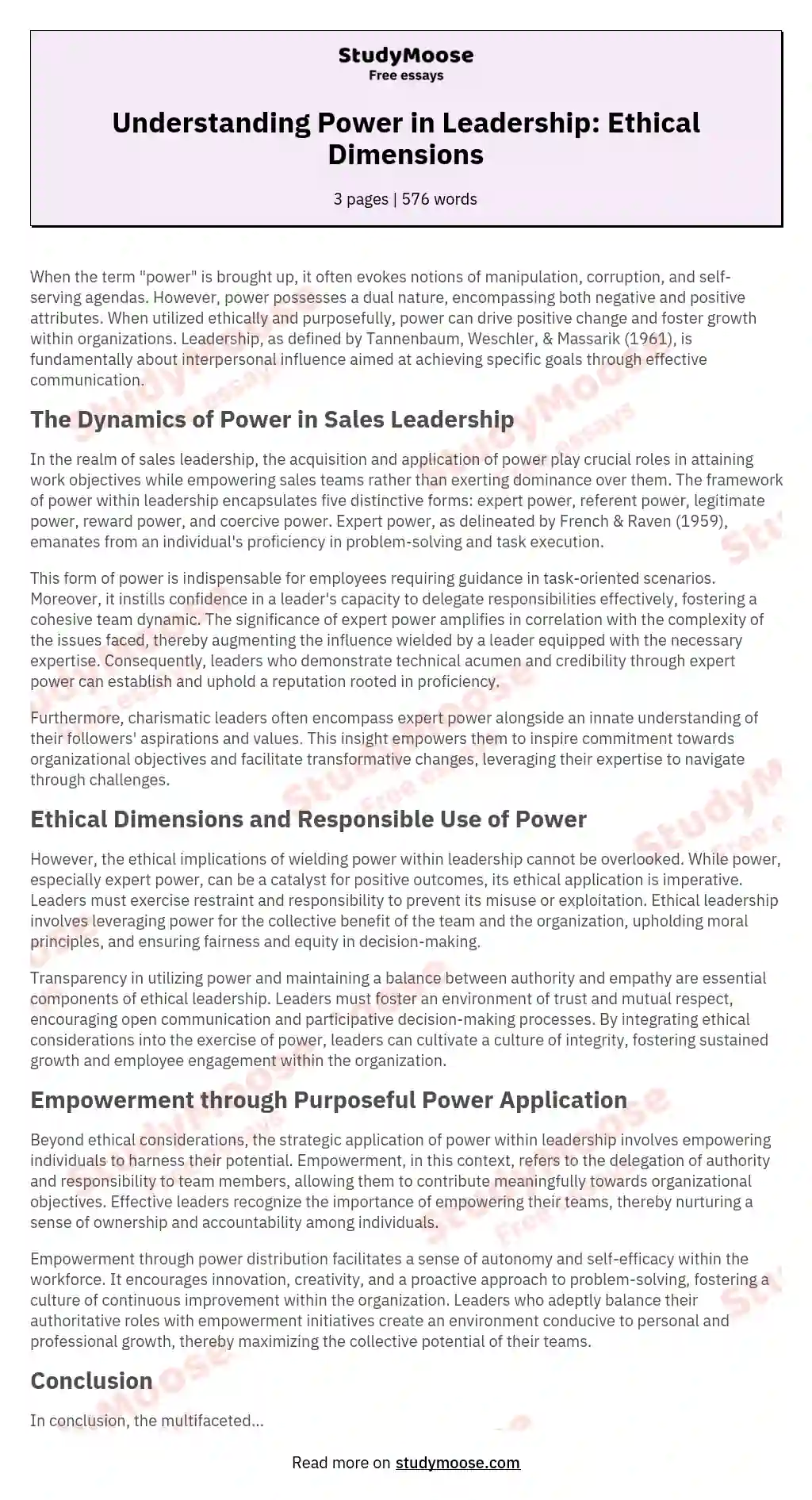 Understanding Power in Leadership: Ethical Dimensions essay
