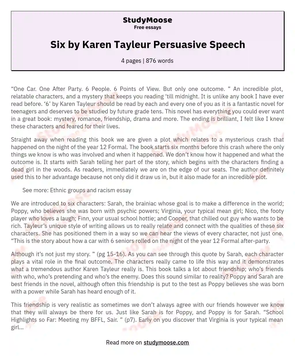 Six by Karen Tayleur Persuasive Speech essay