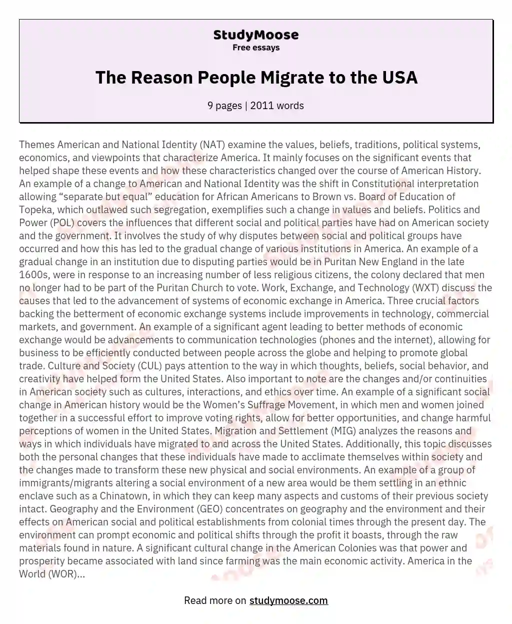 The Reason People Migrate to the USA essay