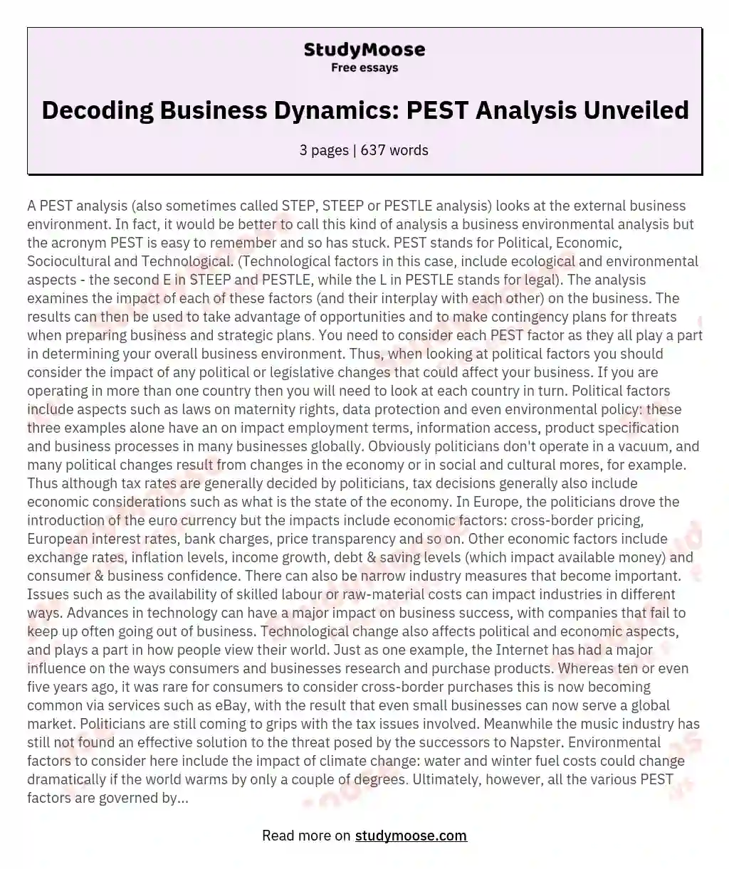Decoding Business Dynamics: PEST Analysis Unveiled essay