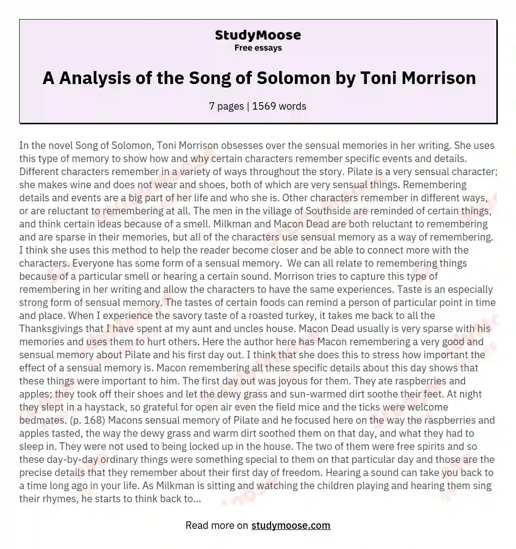 A Analysis of the Song of Solomon by Toni Morrison essay