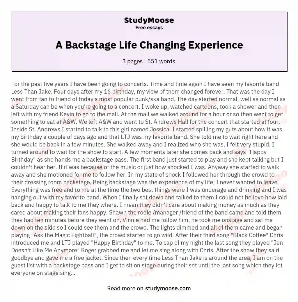 A Backstage Life Changing Experience essay