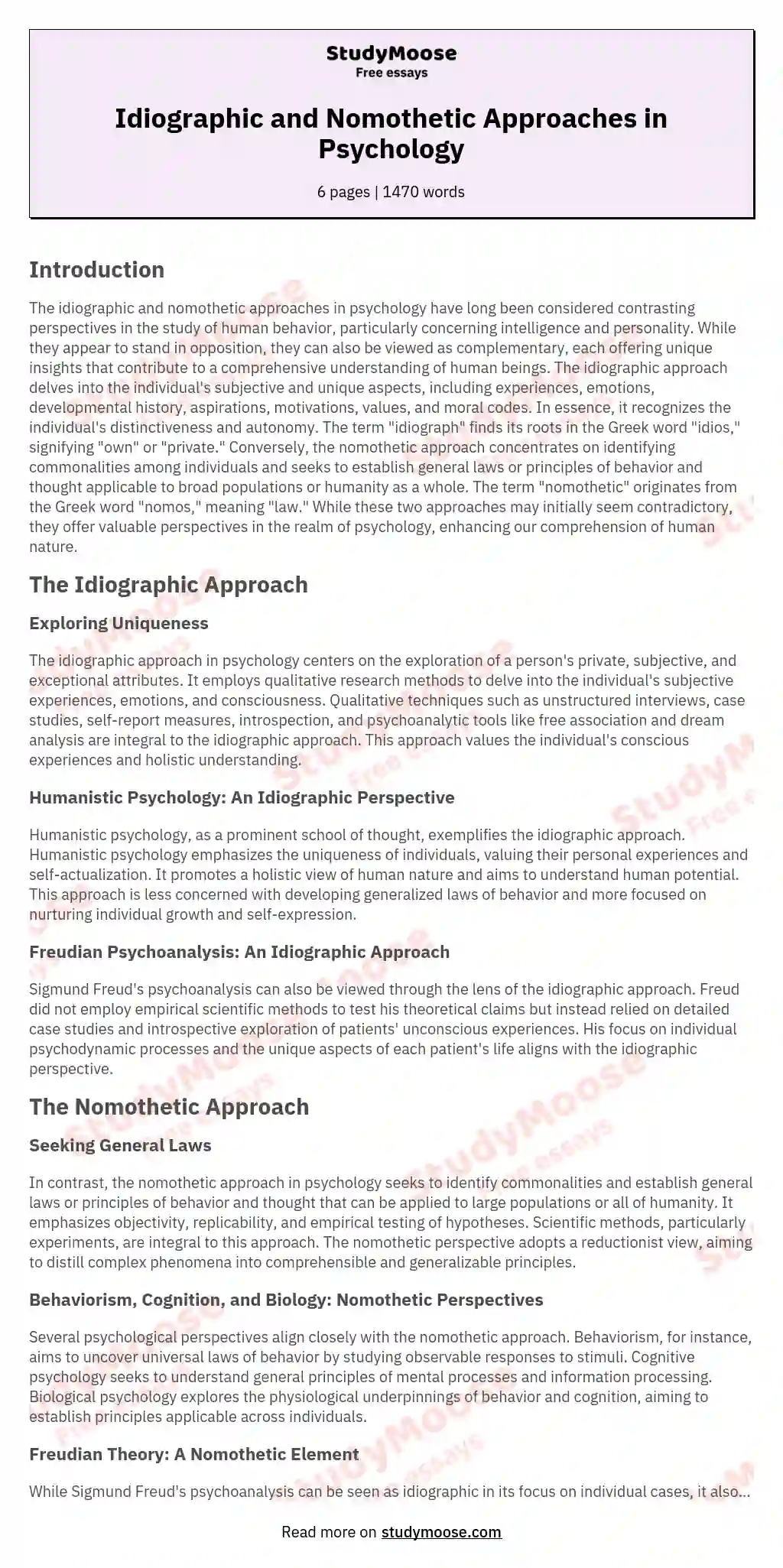 Idiographic and Nomothetic Approaches in Psychology essay