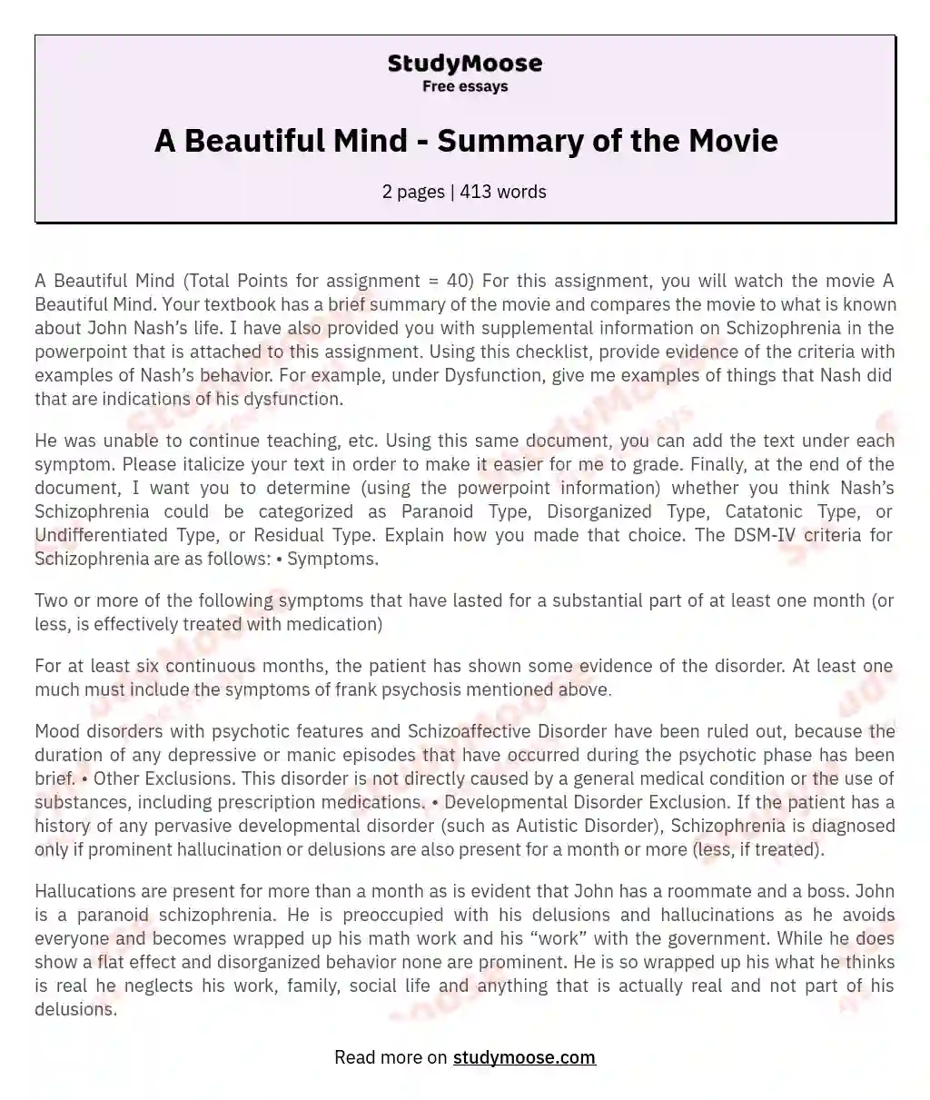 A Beautiful Mind - Summary of the Movie essay