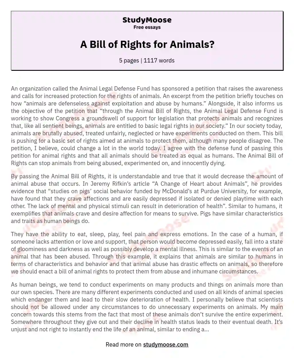 The Animal Bill of Rights: A Plea for Equality essay