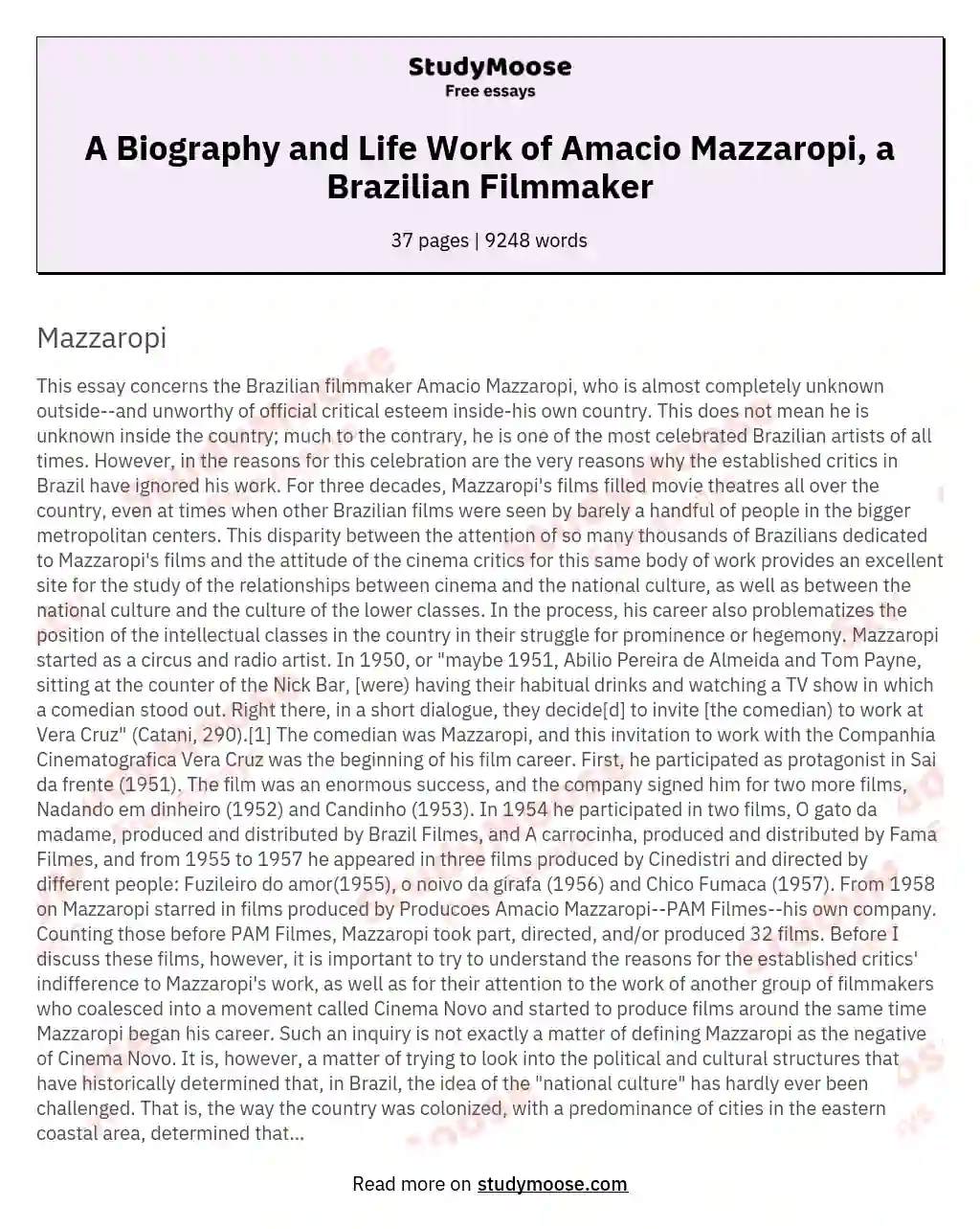 A Biography and Life Work of Amacio Mazzaropi, a Brazilian Filmmaker essay