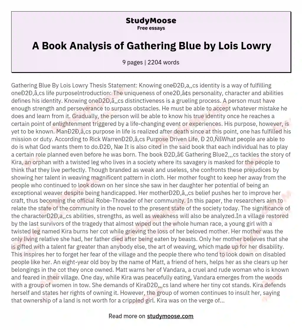 A Book Analysis of Gathering Blue by Lois Lowry essay