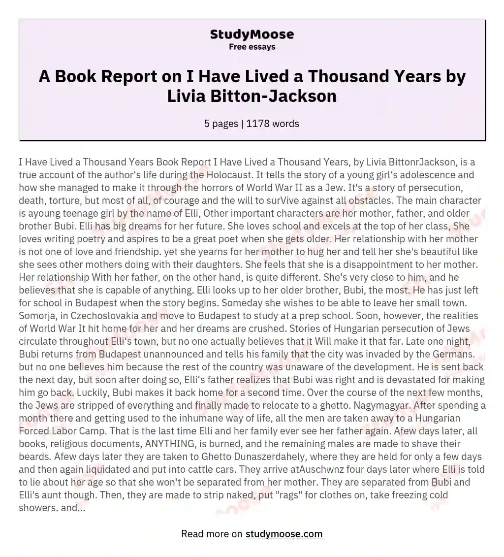 A Book Report on I Have Lived a Thousand Years by Livia Bitton-Jackson essay