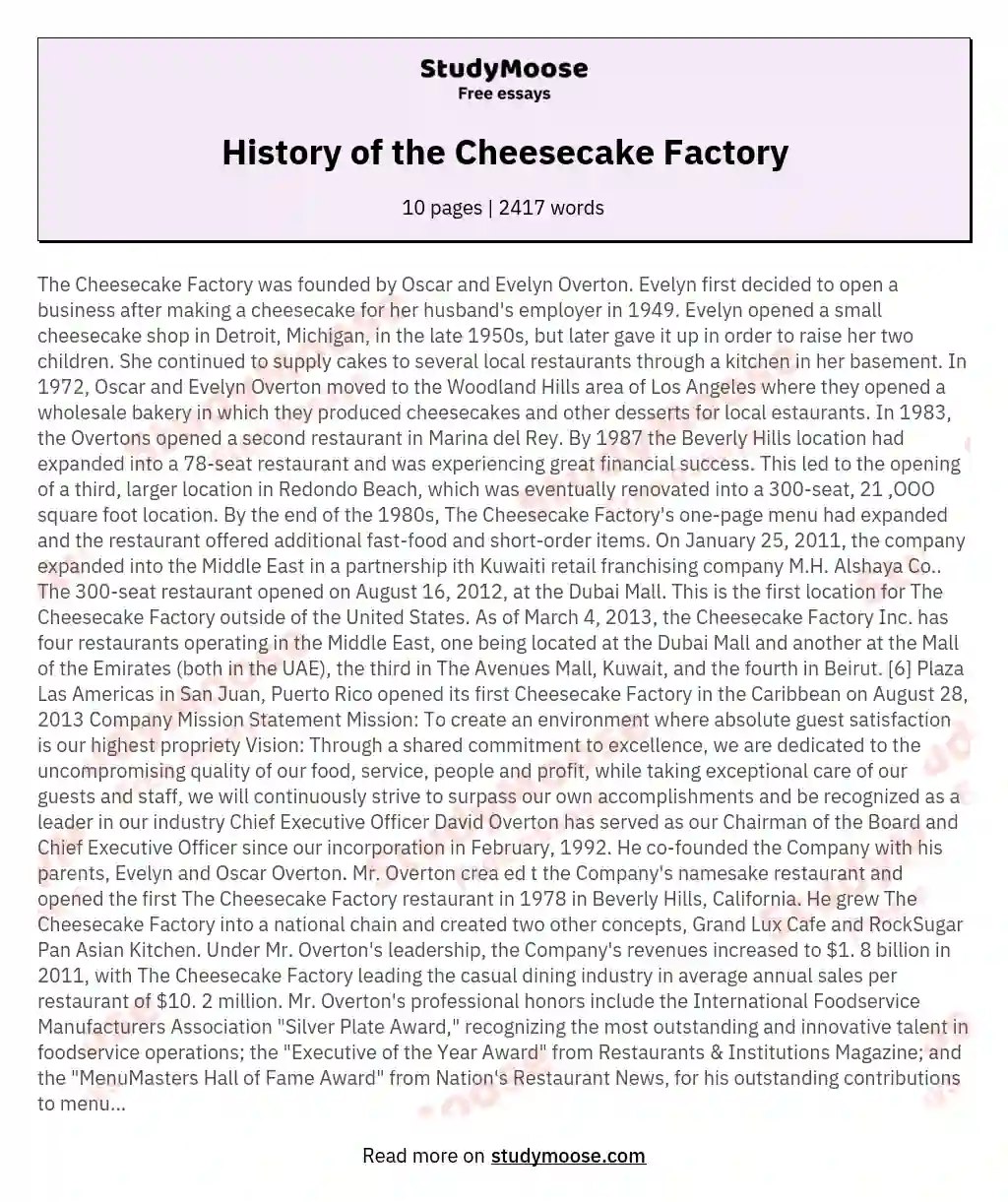 History of the Cheesecake Factory essay