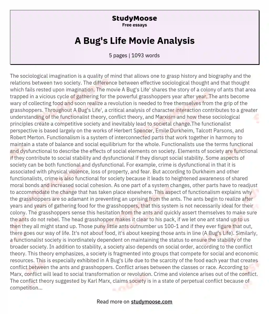 A Bug's Life Movie Analysis essay