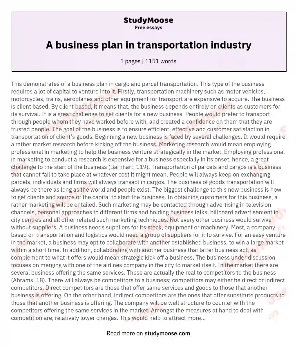 A business plan in transportation industry