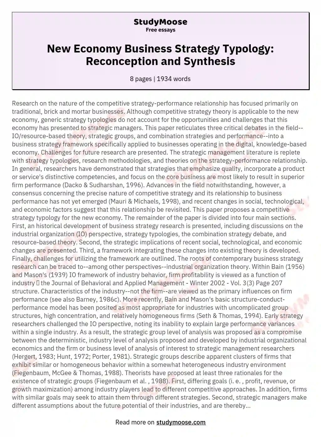 New Economy Business Strategy Typology: Reconception and Synthesis essay