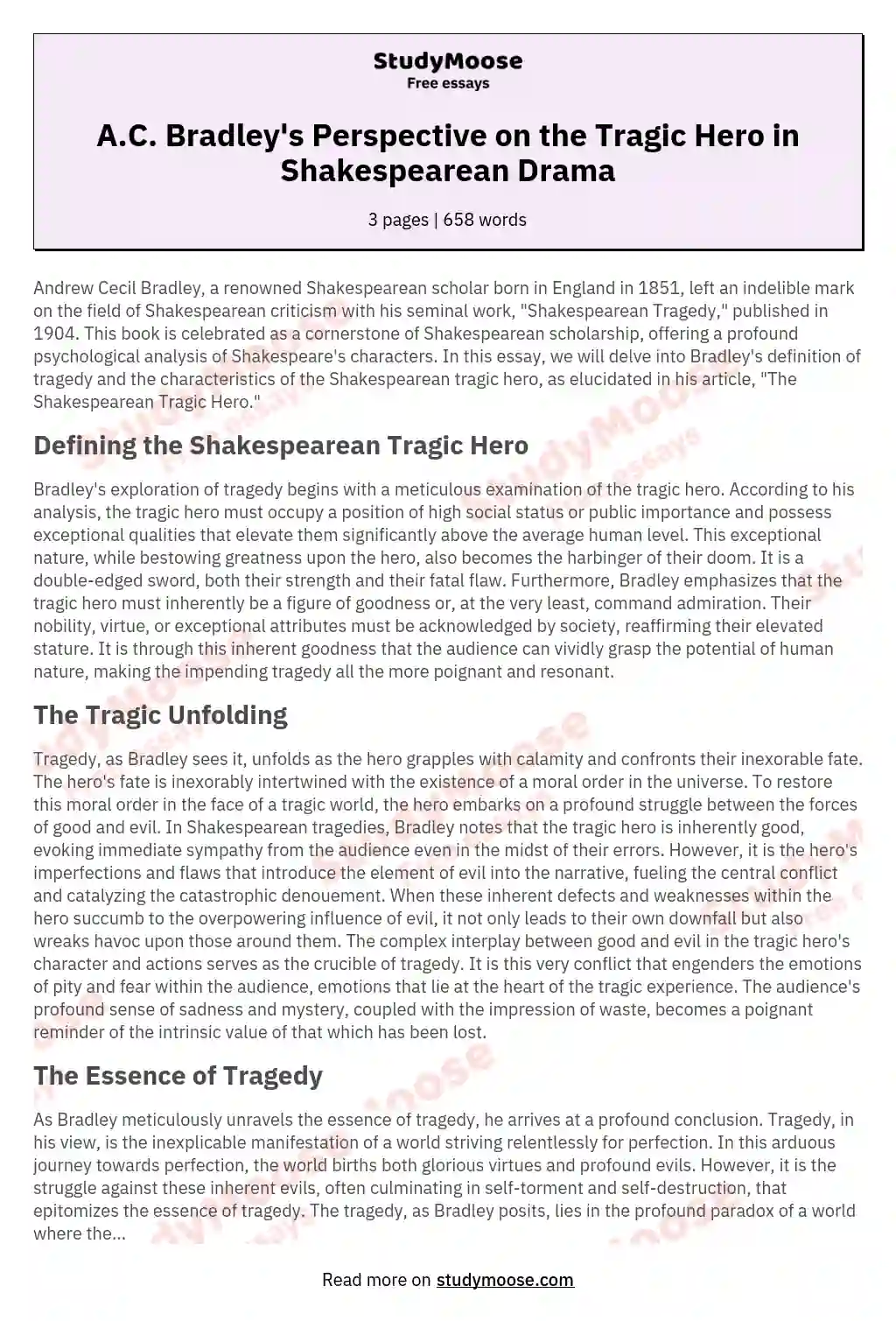 A.C. Bradley's Perspective on the Tragic Hero in Shakespearean Drama essay