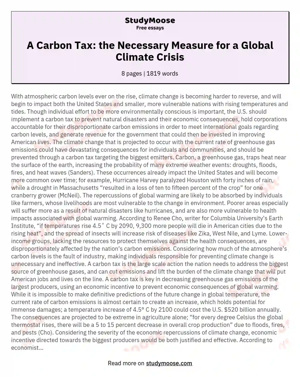 A Carbon Tax: the Necessary Measure for a Global Climate Crisis essay
