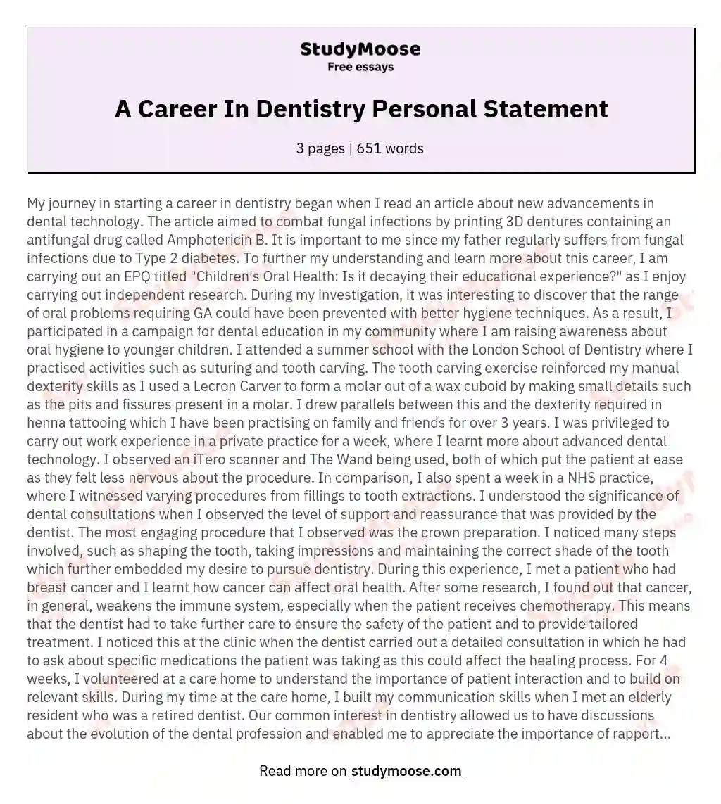 personal statement for msc dentistry