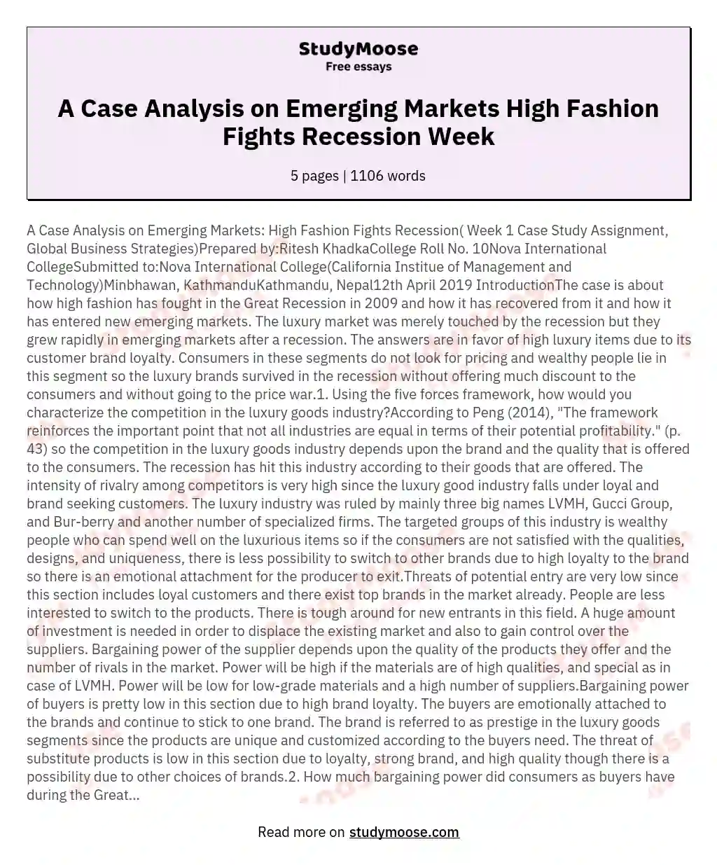 A Case Analysis on Emerging Markets High Fashion Fights Recession Week essay
