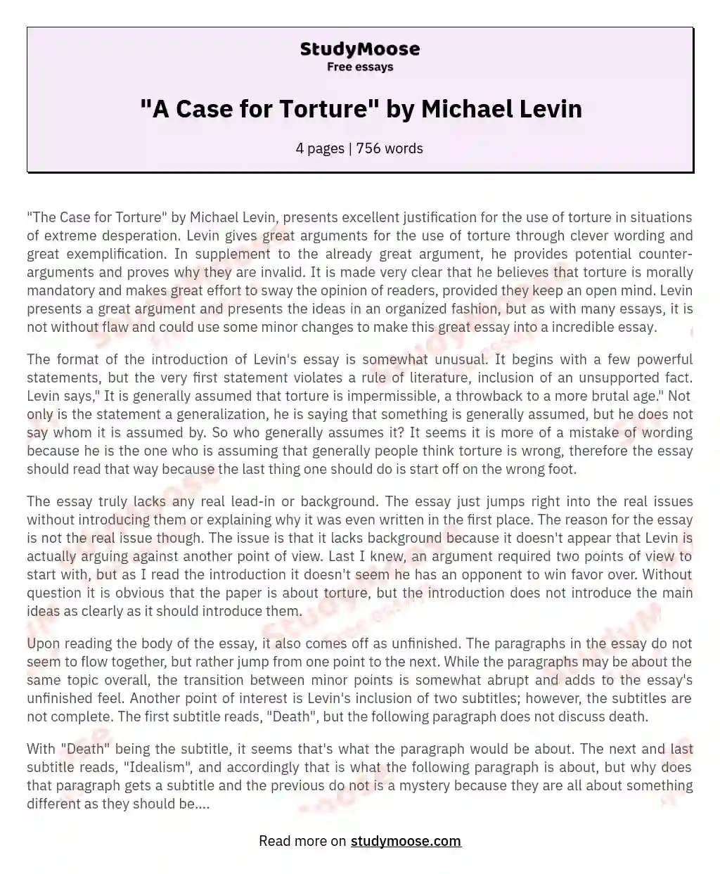 "A Case for Torture" by Michael Levin