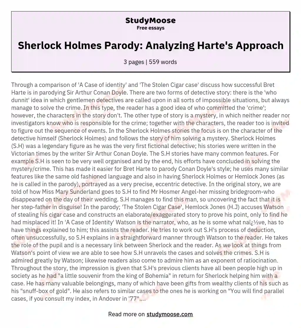 Sherlock Holmes Parody: Analyzing Harte's Approach essay