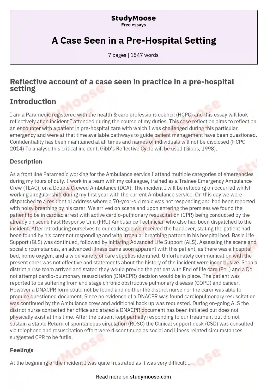 A Case Seen in a Pre-Hospital Setting essay