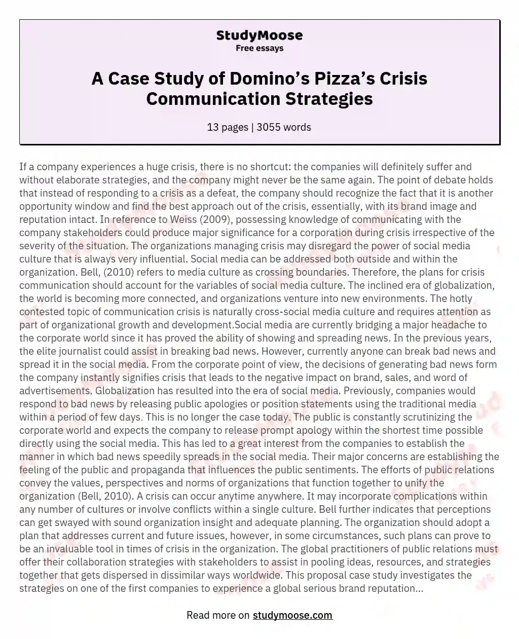 A Case Study of Domino’s Pizza’s Crisis Communication Strategies essay