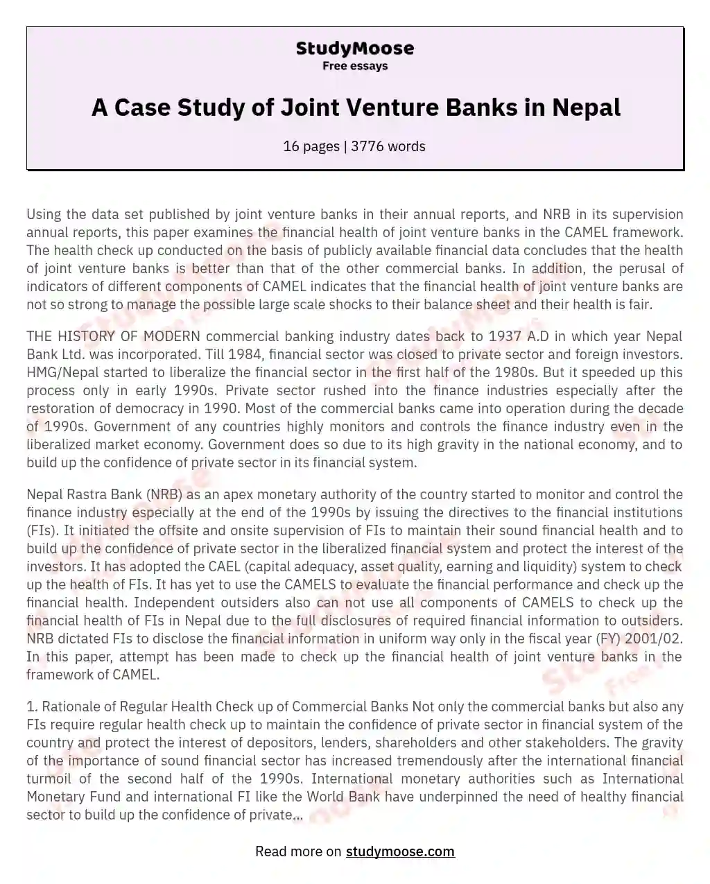 A Case Study of Joint Venture Banks in Nepal essay