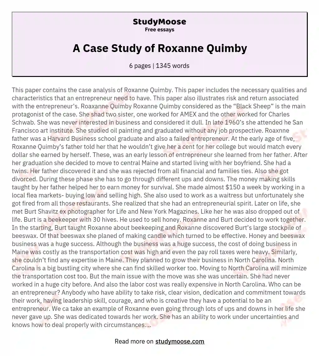 A Case Study of Roxanne Quimby essay