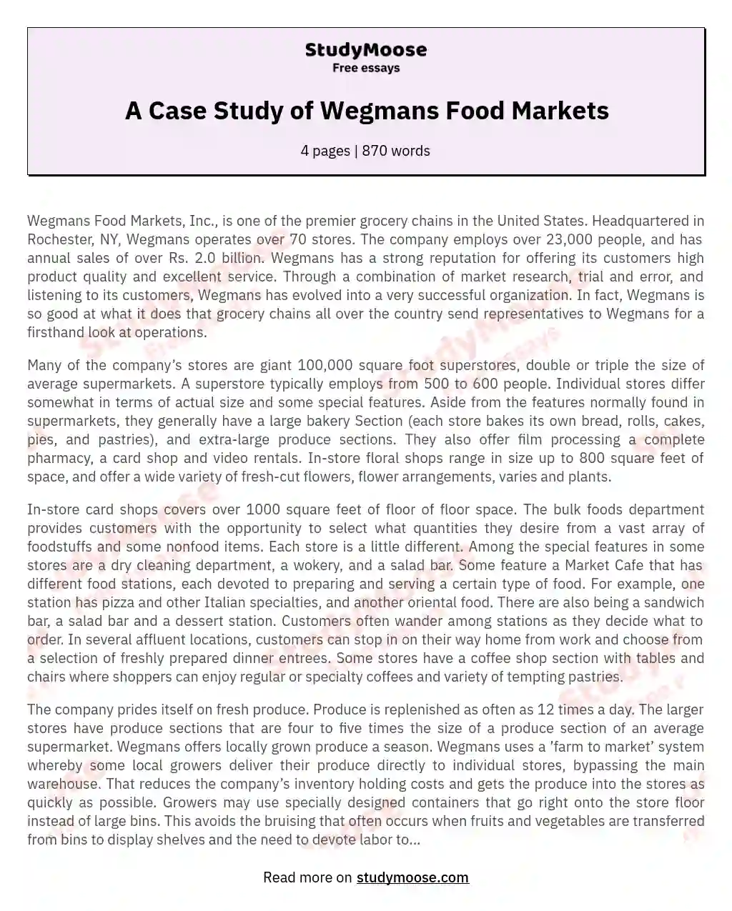A Case Study of Wegmans Food Markets essay