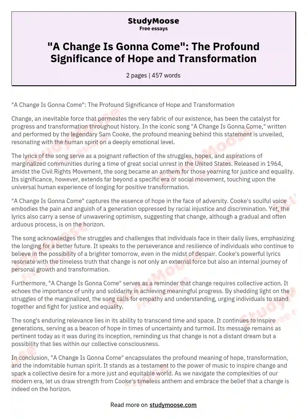 "A Change Is Gonna Come": The Profound Significance of Hope and Transformation essay