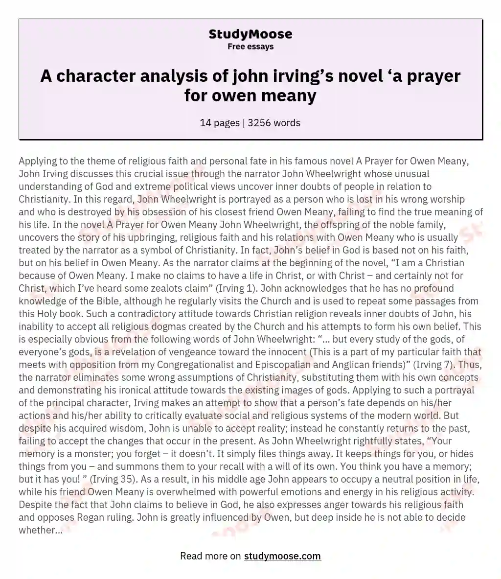 A character analysis of john irving’s novel ‘a prayer for owen meany