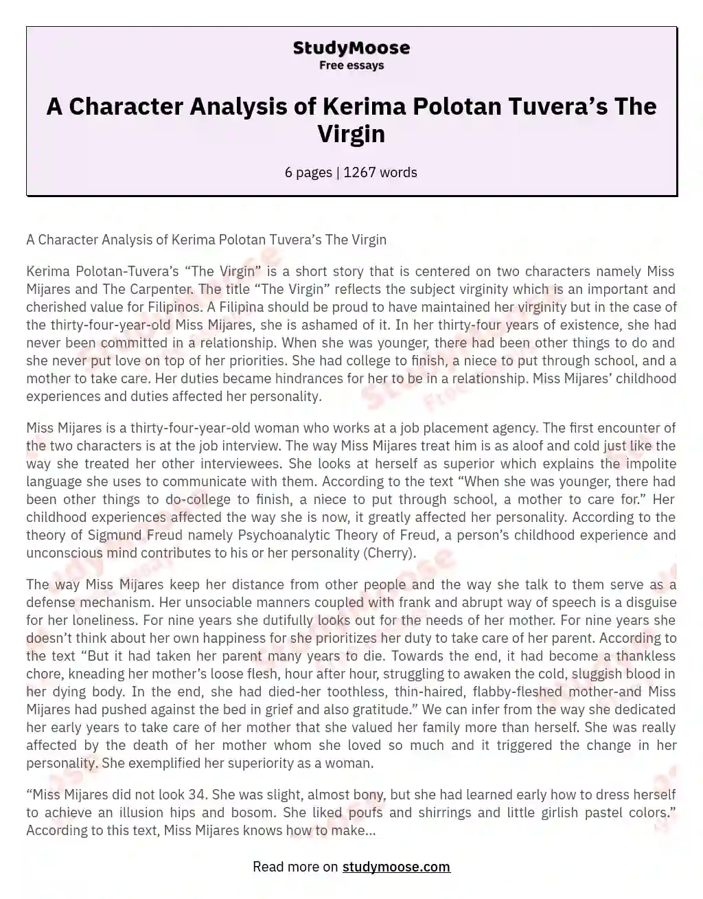 A Character Analysis of Kerima Polotan Tuvera’s The Virgin essay