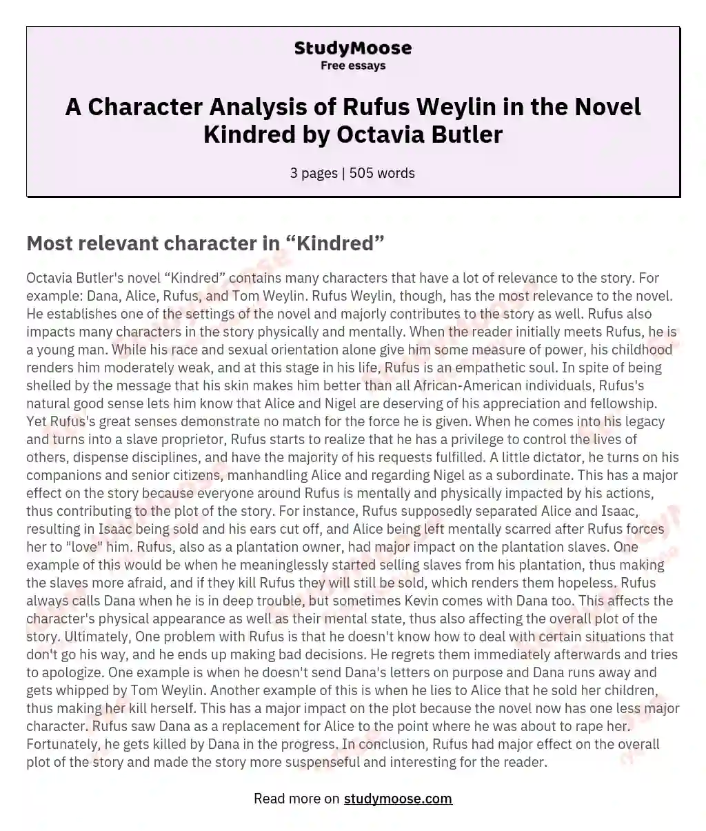 A Character Analysis of Rufus Weylin in the Novel Kindred by Octavia Butler essay