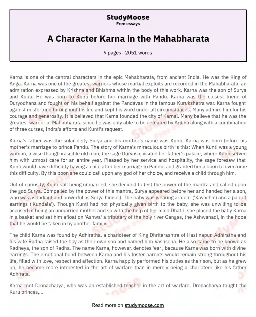 A Character Karna in the Mahabharata essay