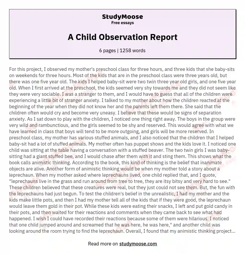 A Child Observation Report essay