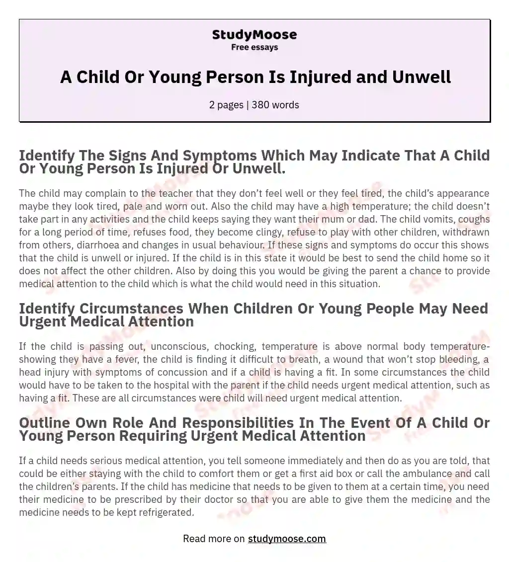 A Child Or Young Person Is Injured and Unwell essay