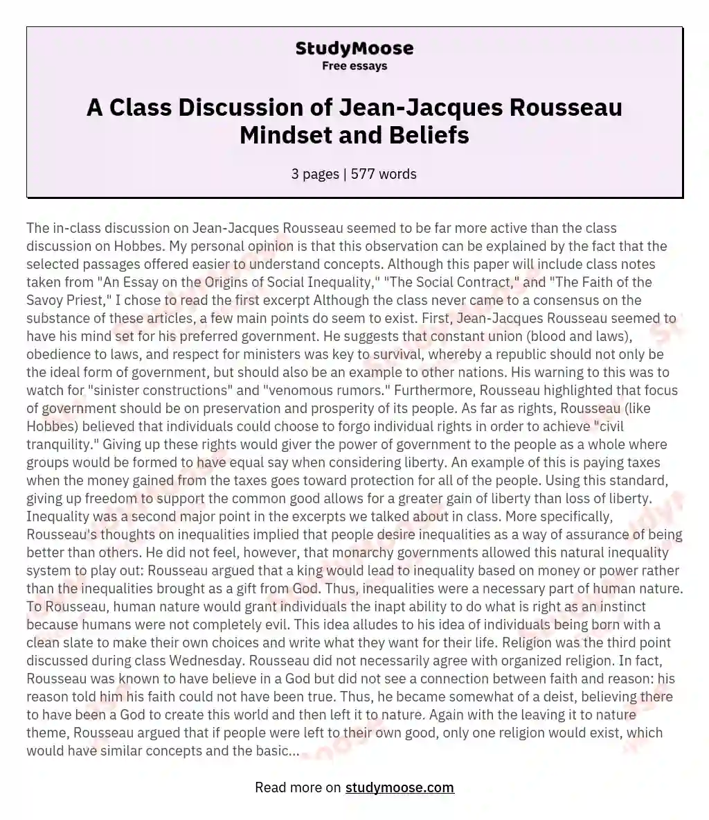 A Class Discussion of Jean-Jacques Rousseau Mindset and Beliefs essay