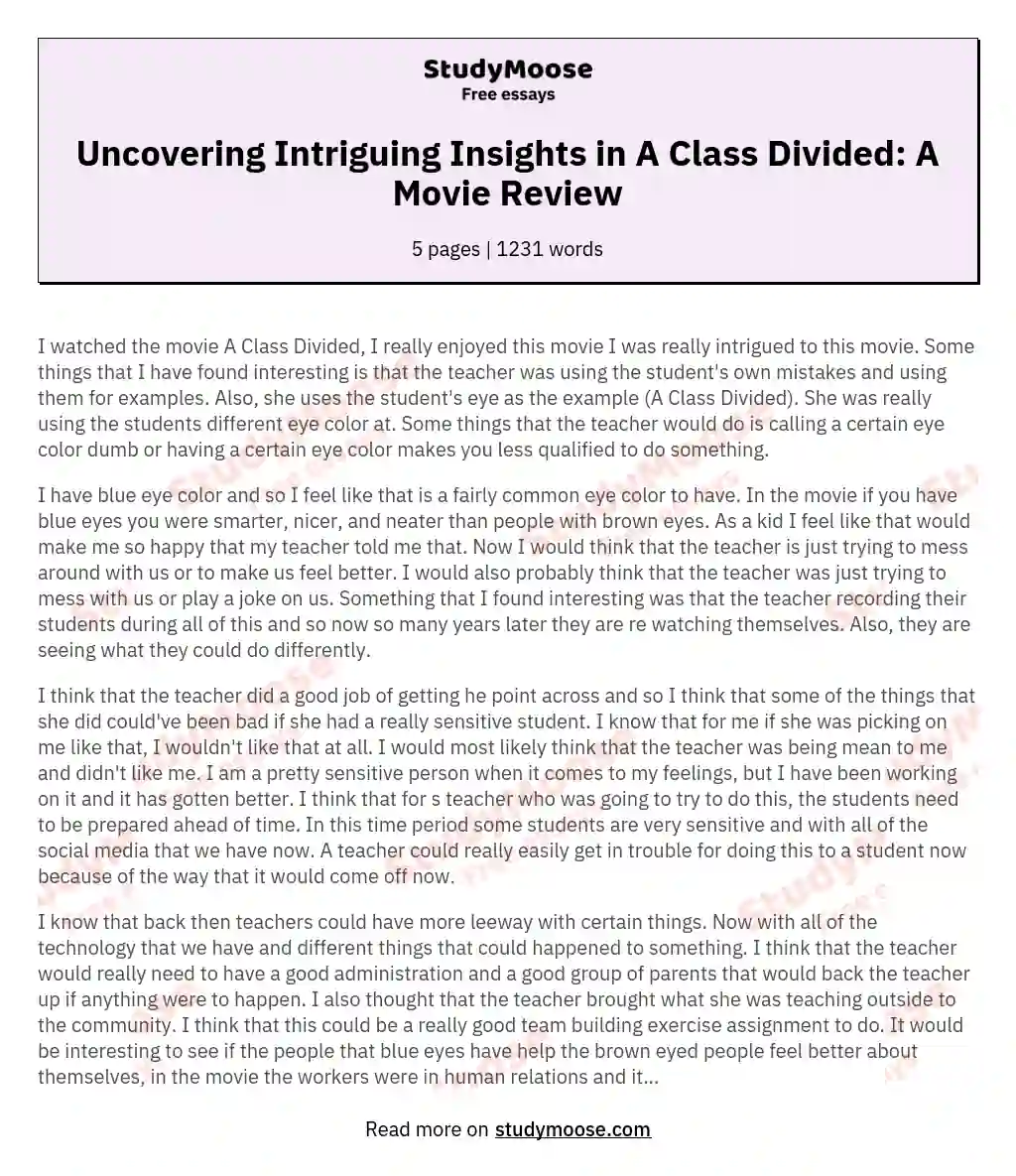 Uncovering Intriguing Insights in A Class Divided: A Movie Review essay