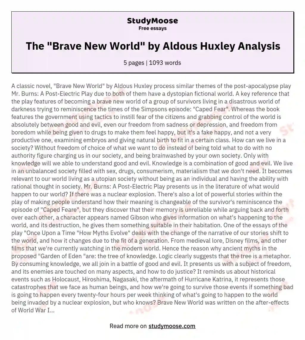 The "Brave New World" by Aldous Huxley Analysis