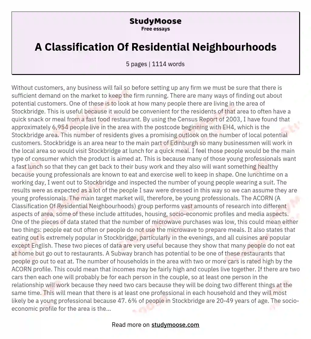 A Classification Of Residential Neighbourhoods essay