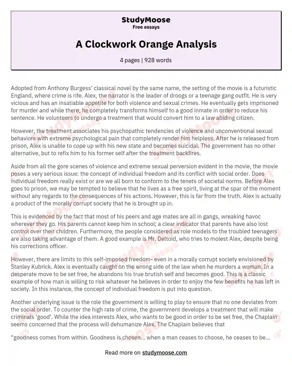 clockwork orange free will essay